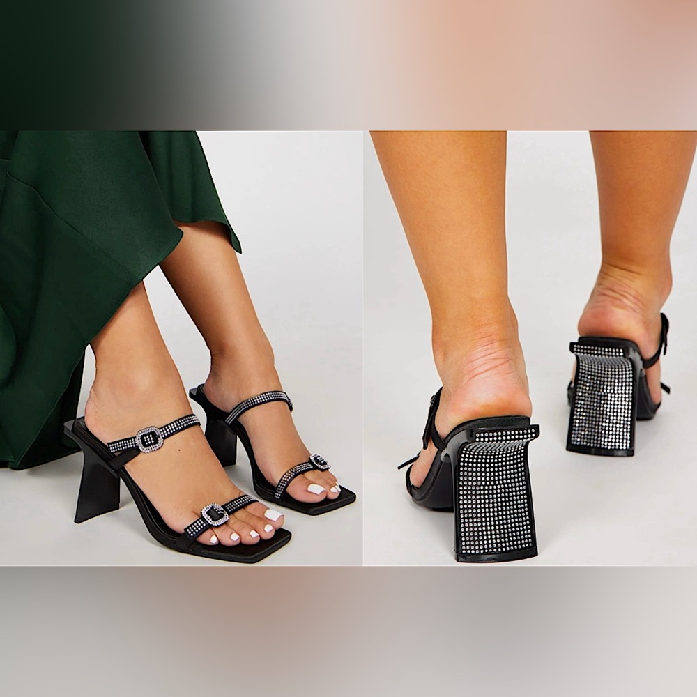 Black Bedazzled Heeled Mules